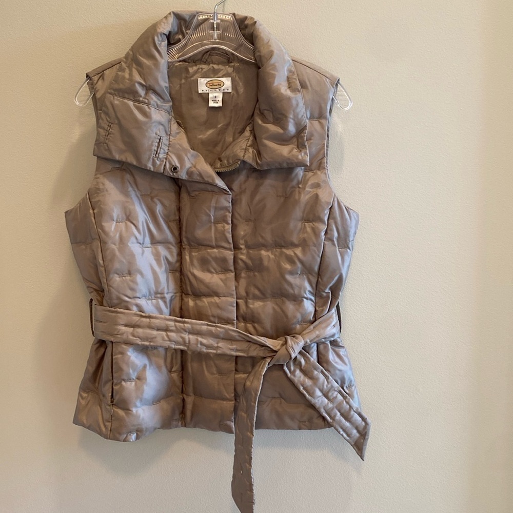 Talbots Vtg Goose Down Feather Quilted Belted Vest Funnel Neck Pale Gold SP